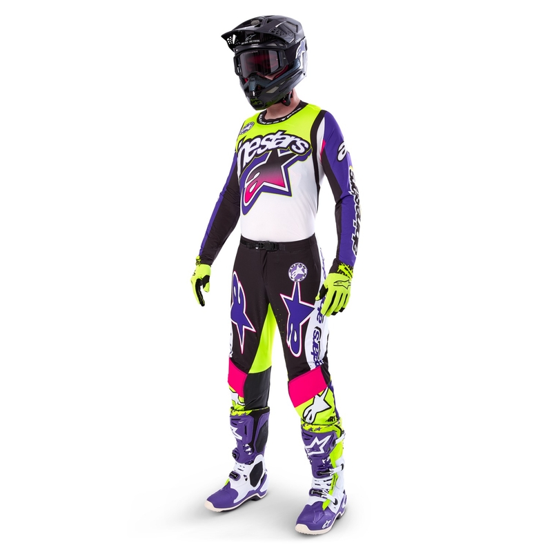Pantalon motocross Alpinestars Supertech édition limitée Dirt Studios blanc-violet-rose-jaune fluo