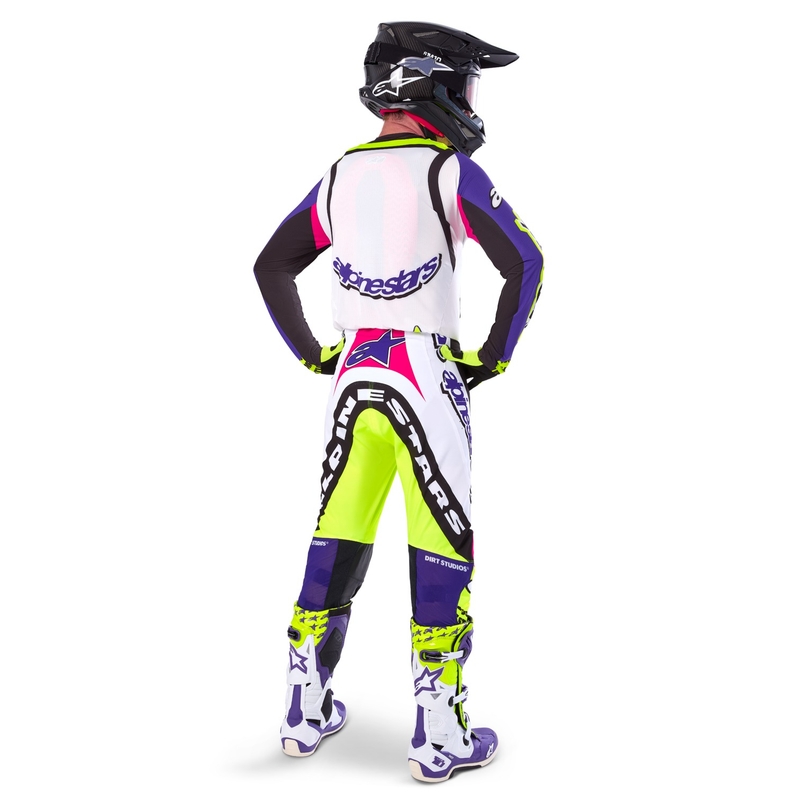 Pantalon motocross Alpinestars Supertech édition limitée Dirt Studios blanc-violet-rose-jaune fluo