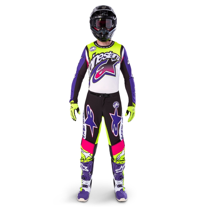 Pantalon motocross Alpinestars Supertech édition limitée Dirt Studios blanc-violet-rose-jaune fluo