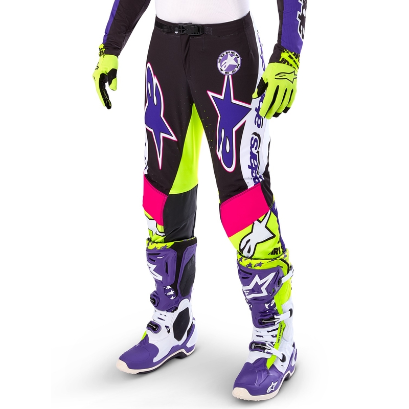 Pantalon motocross Alpinestars Supertech édition limitée Dirt Studios blanc-violet-rose-jaune fluo