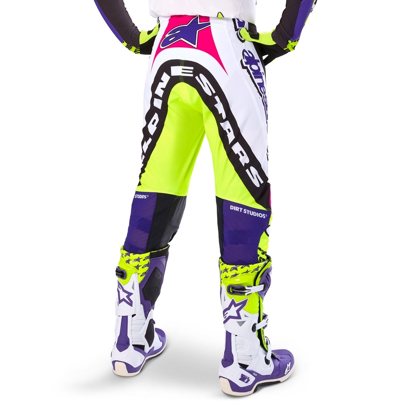 Pantalon motocross Alpinestars Supertech édition limitée Dirt Studios blanc-violet-rose-jaune fluo