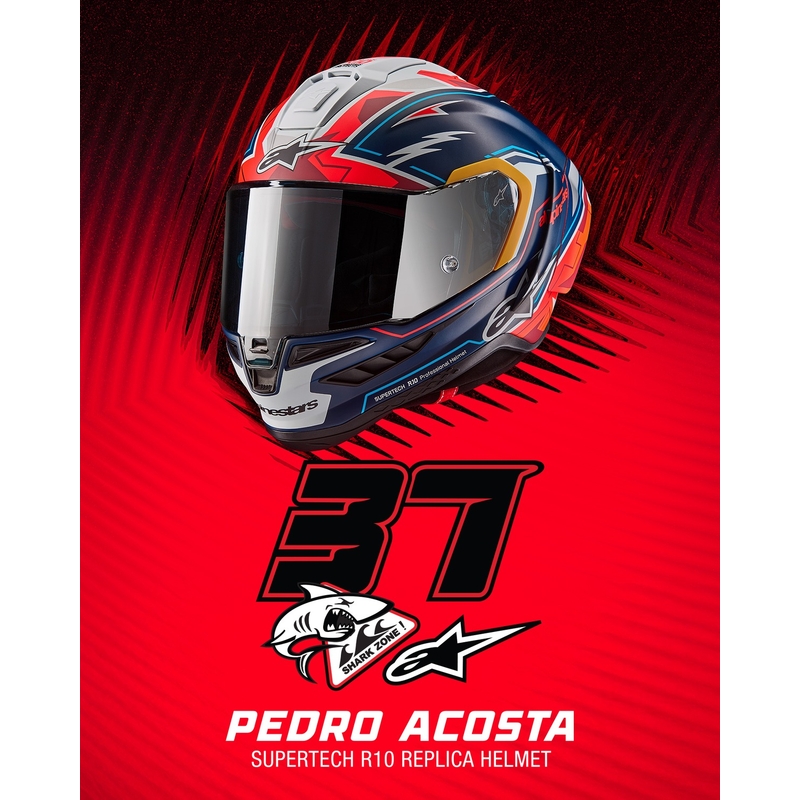 Casque moto intégral Alpinestars Supertech R-10 édition limitée Pedro Acosta bleu mat-rouge-blanc