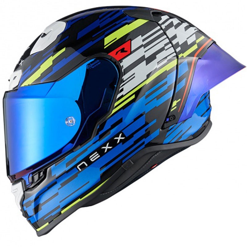 Casque moto intégral Nexx X.R3R Glitch Racer bleu-jaune fluo soldes