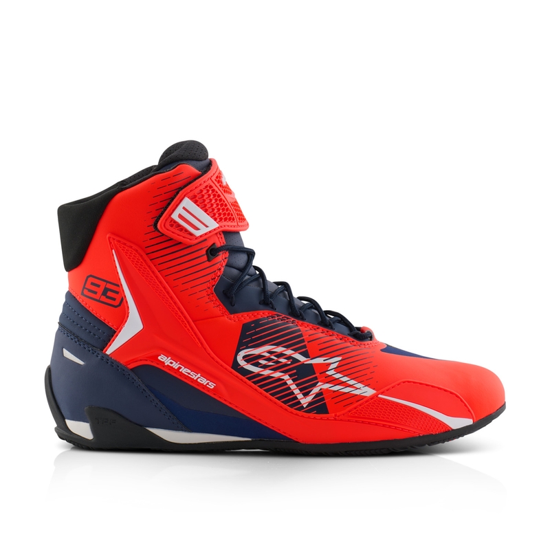 Bottes moto Alpinestars Faster-4 collection MM93 rouge-bleu-blanc fluo