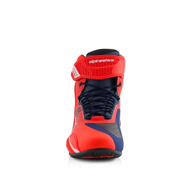 Bottes moto Alpinestars Faster-4 collection MM93 rouge-bleu-blanc fluo
