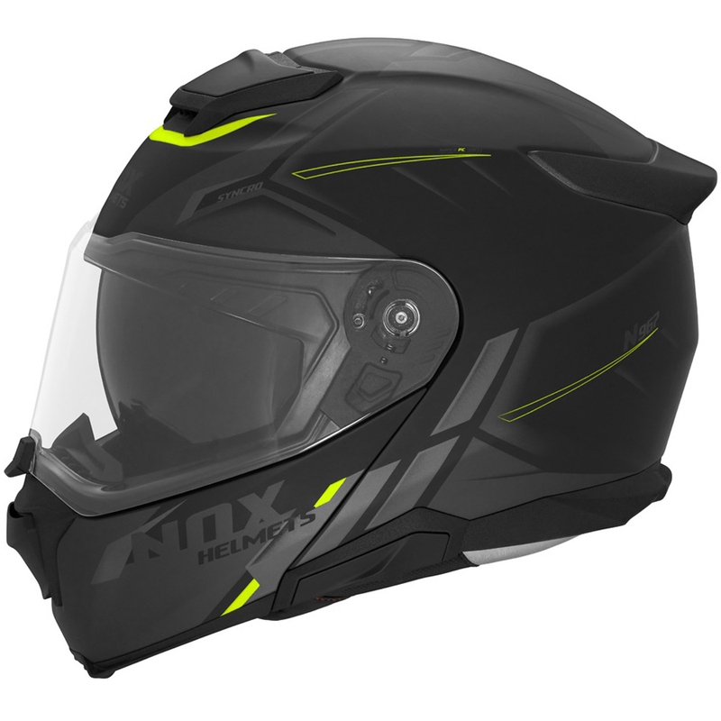 Casque de moto modulable NOX N967 Synchro noir mat-jaune fluo