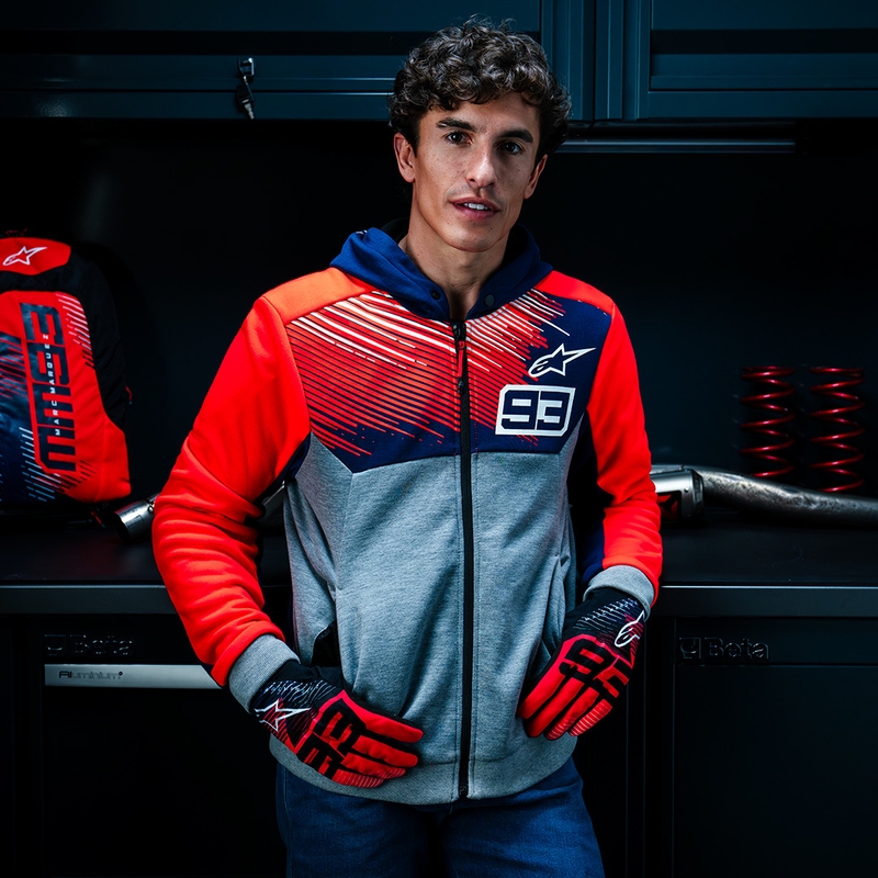 Sweat à capuche sport Alpinestars Chrome V2 collection MM93 gris clair-bleu-rouge fluo