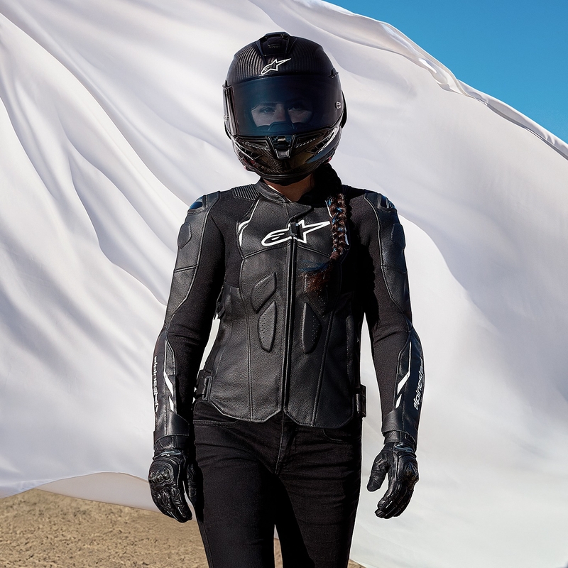 Blouson moto en cuir femme Alpinestars Stella Dusk noir-blanc