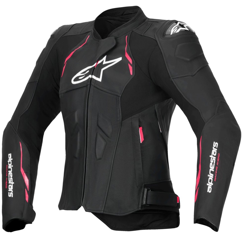 Blouson moto en cuir femme Alpinestars Stella Dusk noir-rose-blanc