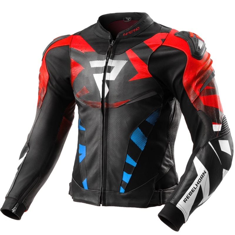 Blouson moto cuir Rebelhorn Inferno noir-bleu-blanc-rouge