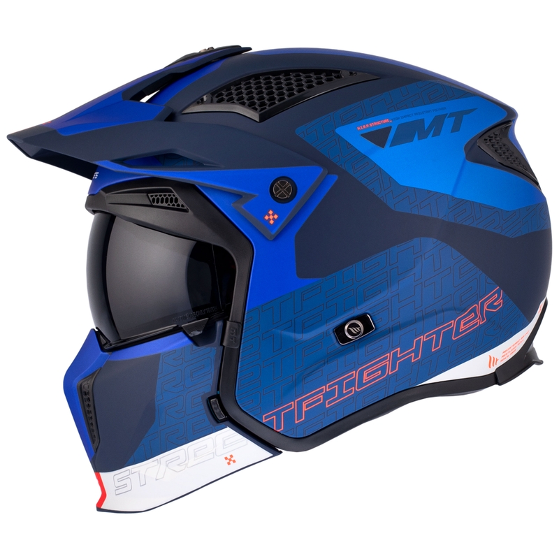 Casque jet avec masque MT Streetfighter SV Totem C17 blanc-bleu avec visière iridium
