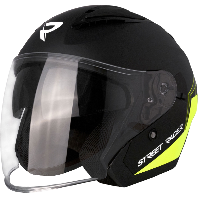 Casque moto jet Street Racer Sonic noir mat-jaune fluo - II. qualité