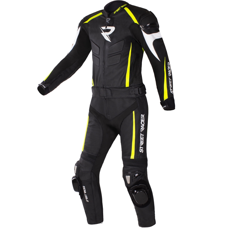 Combinaison de moto en cuir Street Racer Fast Track 2.1 Noir-Jaune fluo-Blanc