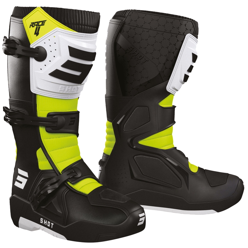 Bottes de motocross Shot Race 4 noir-blanc-jaune fluo
