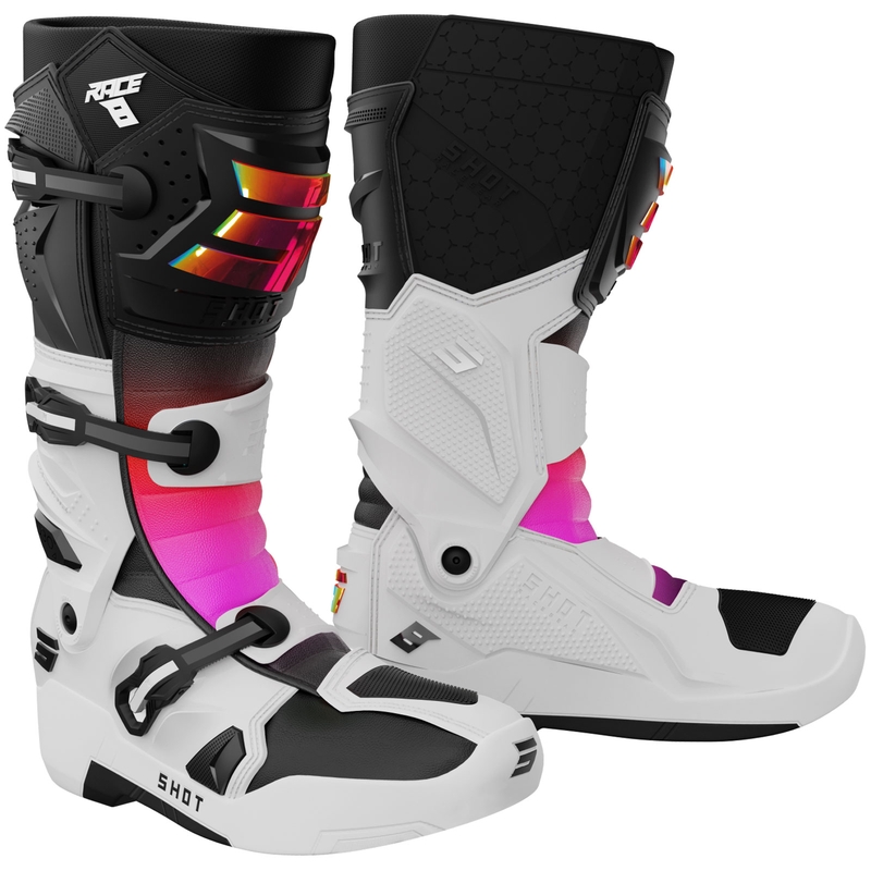 Bottes de motocross Shot Race 8 Holographiques blanches, noires et roses