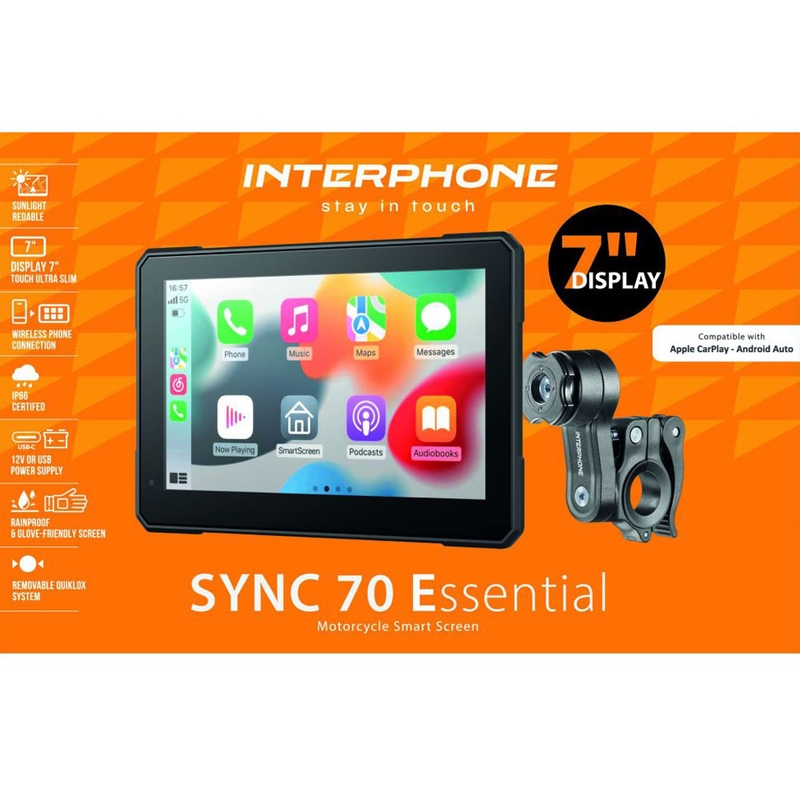 Interphone SYNC70 ESSENTIAL : écran Apple CarPlay et Android Auto pour motos
