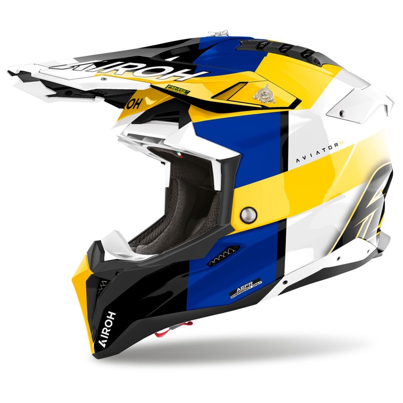 Casque de motocross Airoh Aviator 3 Monarch bleu-jaune brillant
