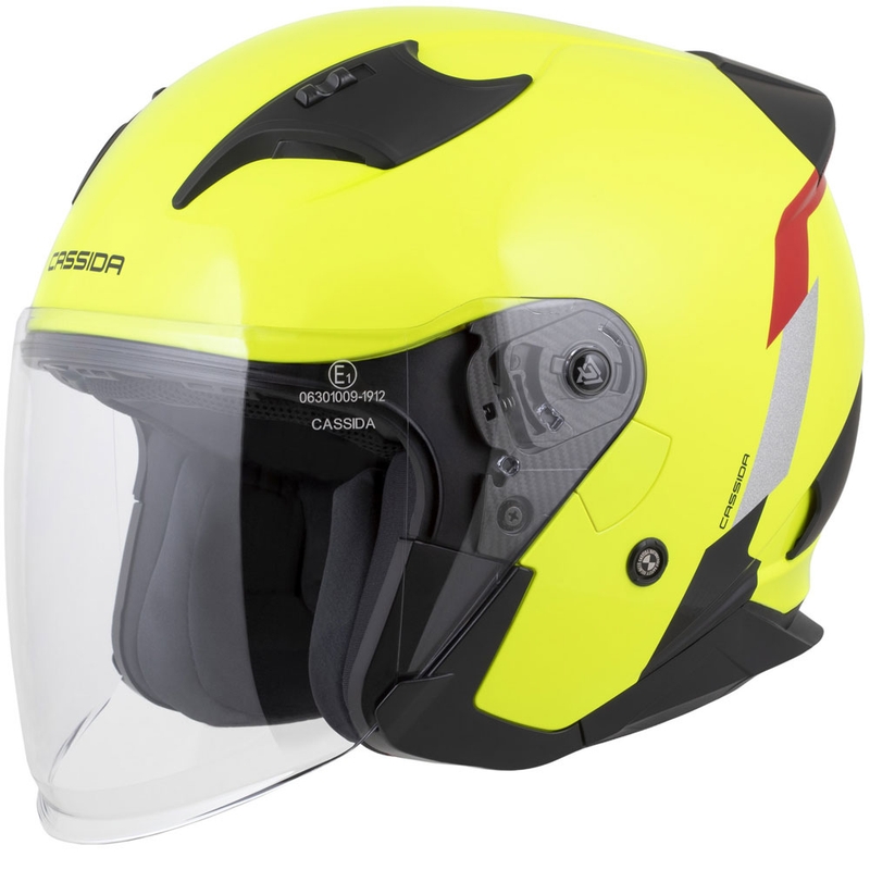 Casque moto jet Cassida Reflex 2.0 Safety jaune fluo-rouge-gris-argent réfléchissant