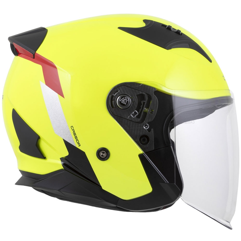 Casque moto jet Cassida Reflex 2.0 Safety jaune fluo-rouge-gris-argent réfléchissant