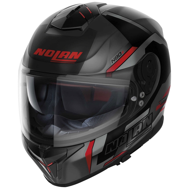 Casque moto intégral Nolan N80-8 Wanted N-com noir-rouge mat