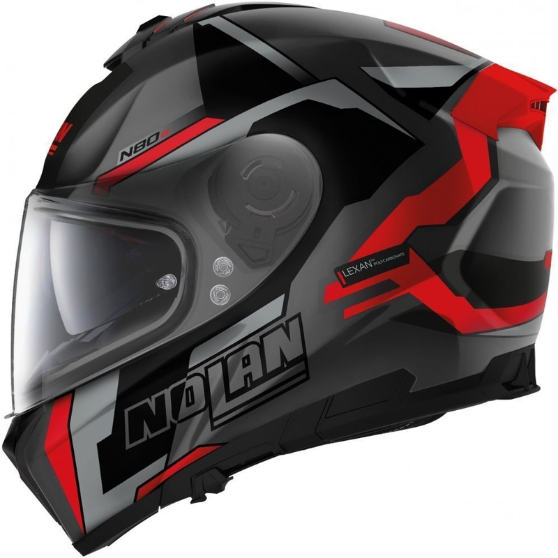Casque moto intégral Nolan N80-8 Wanted N-com noir-rouge mat