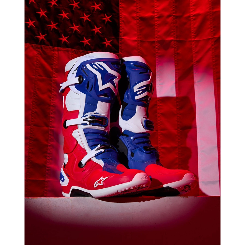 Bottes de moto Alpinestars Tech 10 Édition limitée FORTITUDE Blanc-Bleu-Rouge