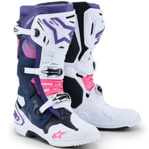 Bottes moto Alpinestars Tech 10 blanc-violet-bleu-rose fluo