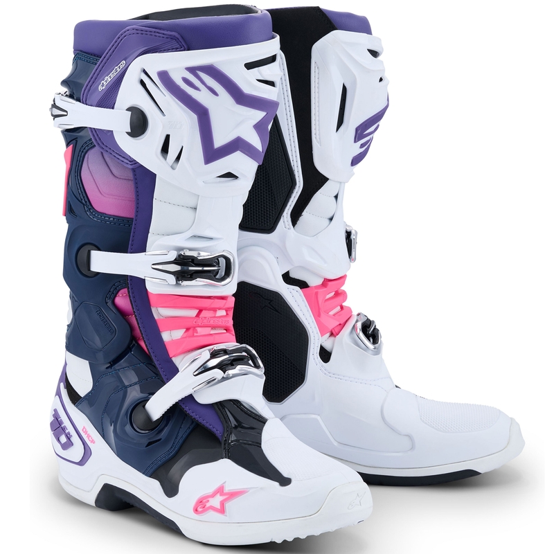 Bottes moto Alpinestars Tech 10 blanc-violet-bleu-rose fluo