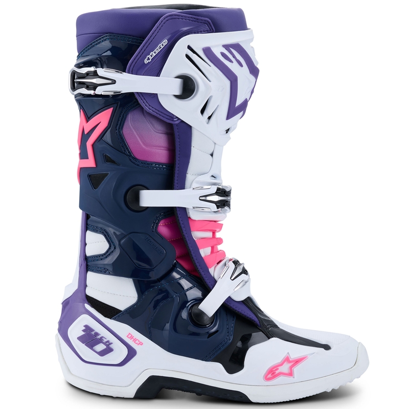 Bottes moto Alpinestars Tech 10 blanc-violet-bleu-rose fluo