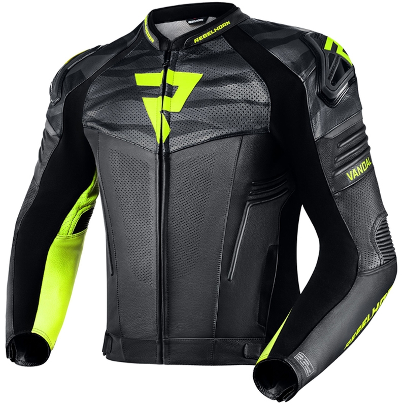 Veste de moto en cuir noir et jaune fluo Rebelhorn Vandal soldes
