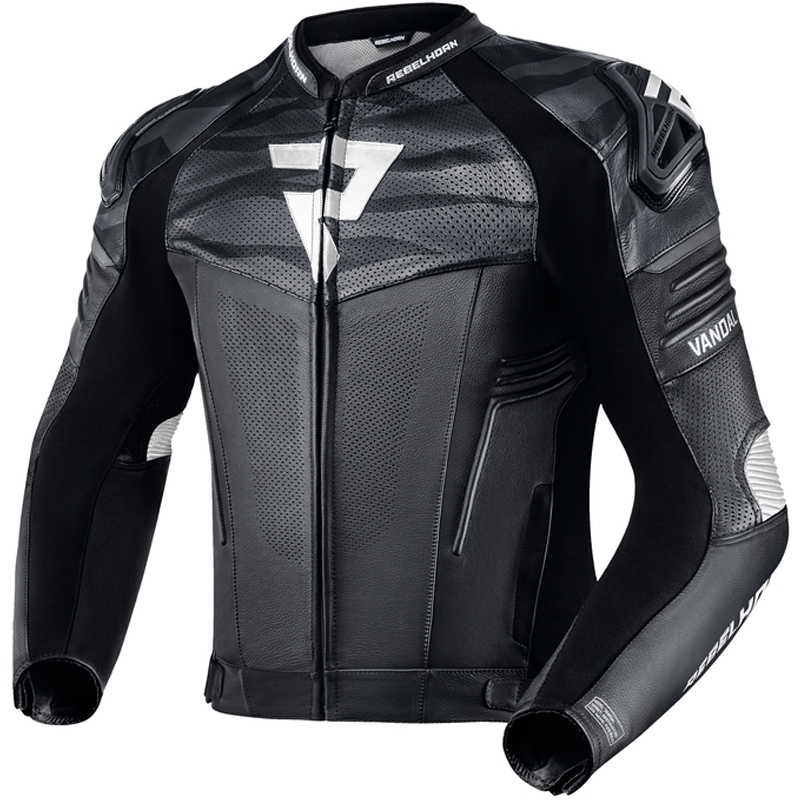 Blouson moto en cuir Rebelhorn Vandal noir-blanc soldes