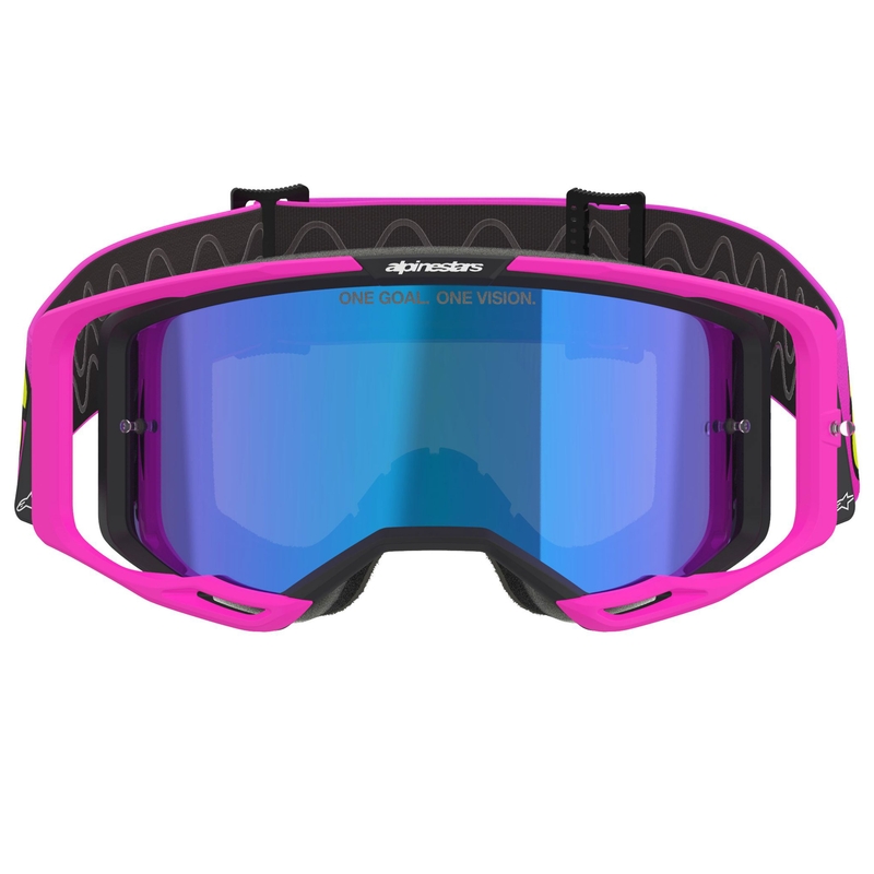 Lunettes de motocross Alpinestars Vision 8 Vista rose fluo-jaune fluo-vert avec verres bleus miroir