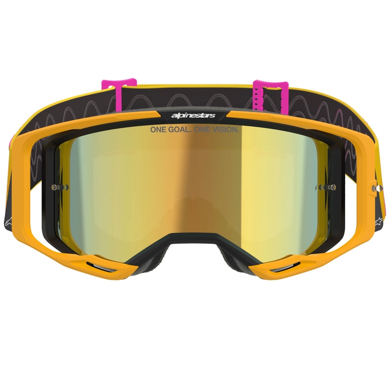 Lunettes de motocross Alpinestars Vision 8 Corp orange-jaune-rose avec verres dorés effet miroir