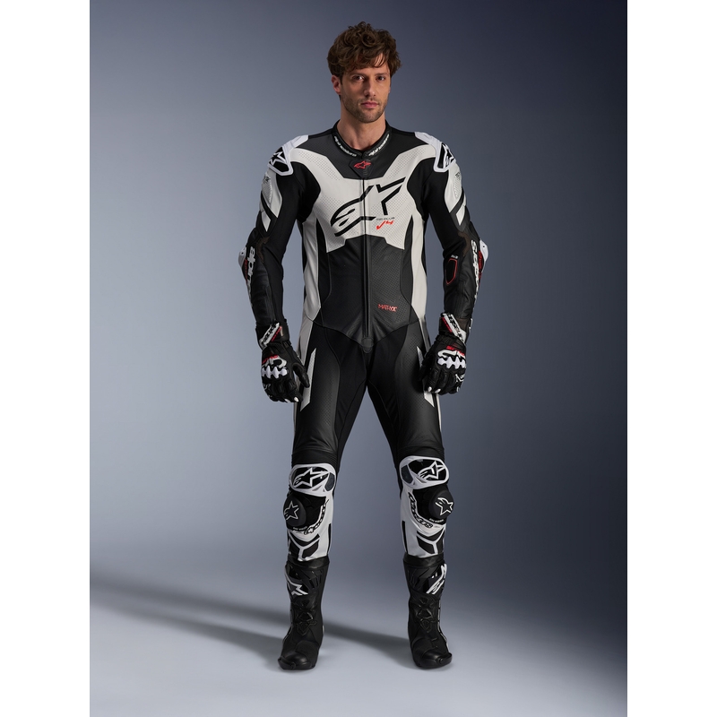 Combinaison en cuir Alpinestars GP Plus V4 Sprint, compatible Tech-Air, noir, blanc, rouge fluo