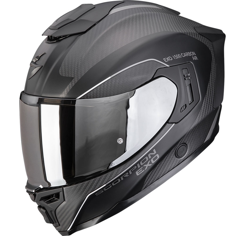 Casque intégral de moto Scorpion EXO-1500 Carbon Air Mundi, noir mat et argent.