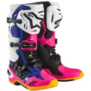 Bottes de moto Alpinestars Tech 10 Limited Edition Coast blanc-bleu foncé-rose-jaune fluo-orange-noir