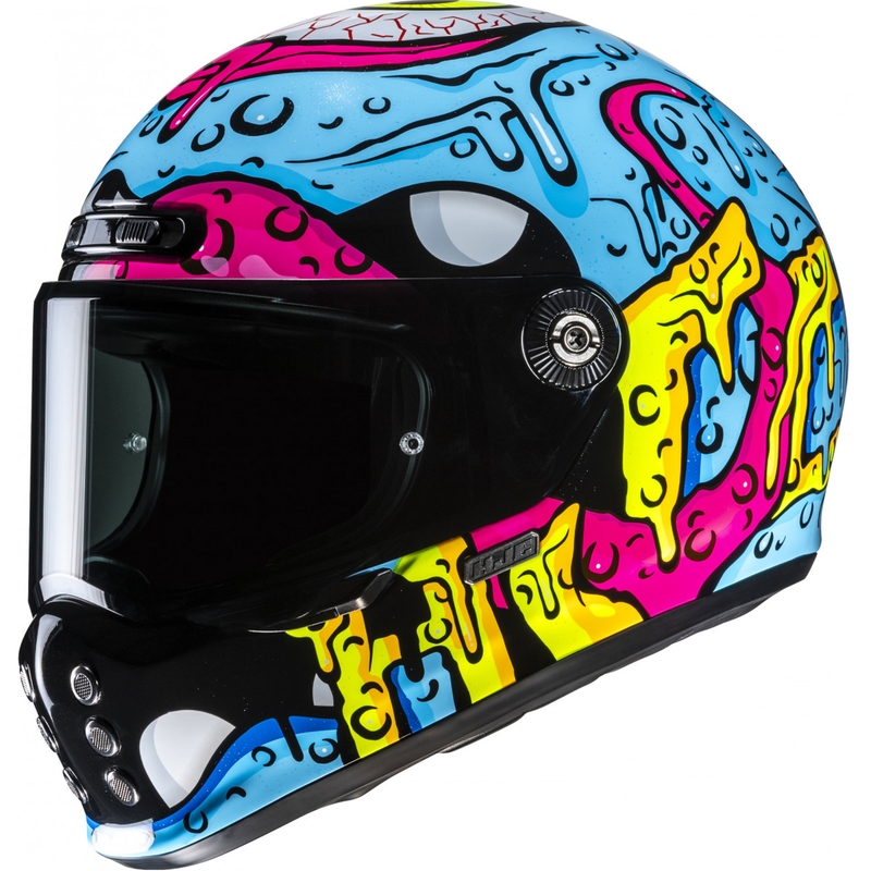 Casque moto intégral HJC V10 Squeeze MC28 bleu-jaune-rose