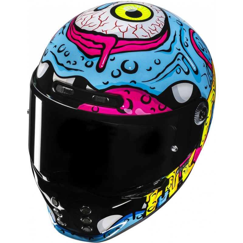 Casque moto intégral HJC V10 Squeeze MC28 bleu-jaune-rose
