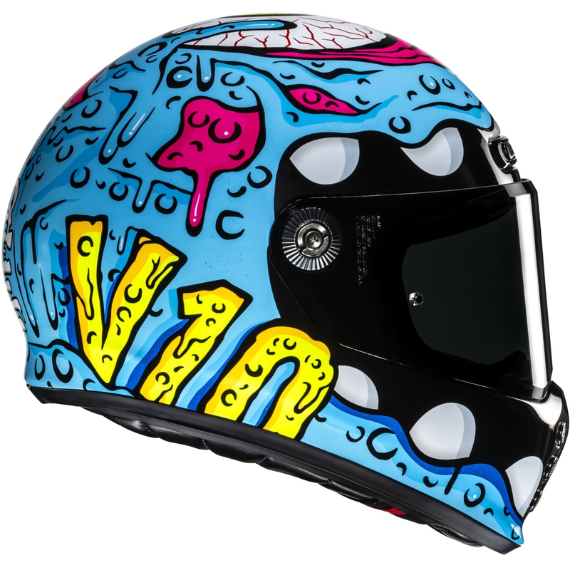 Casque moto intégral HJC V10 Squeeze MC28 bleu-jaune-rose