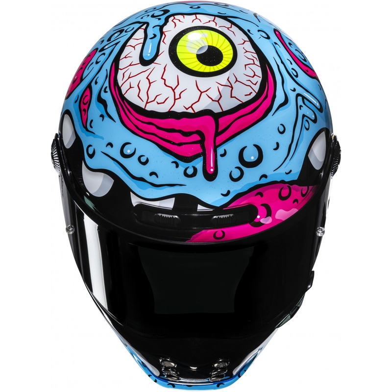 Casque moto intégral HJC V10 Squeeze MC28 bleu-jaune-rose