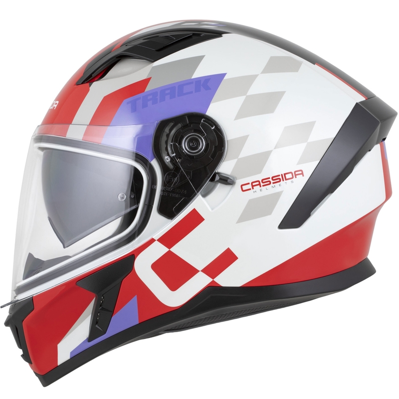 Casque moto intégral Cassida Orbit Track rouge fluo-blanc-violet-noir