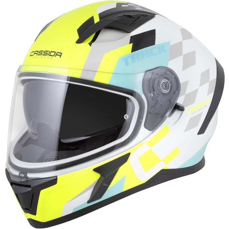 Casque moto intégral Cassida Orbit Track blanc-jaune fluo-turquoise-noir