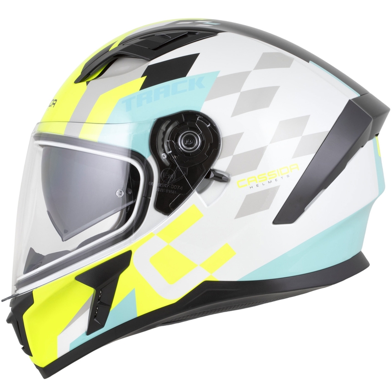 Casque moto intégral Cassida Orbit Track blanc-jaune fluo-turquoise-noir