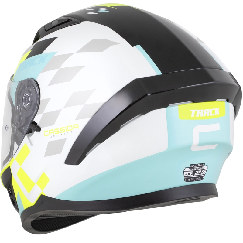 Casque moto intégral Cassida Orbit Track blanc-jaune fluo-turquoise-noir