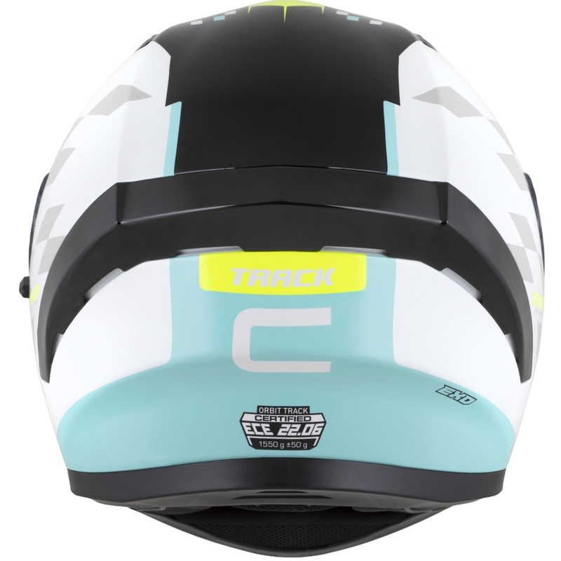 Casque moto intégral Cassida Orbit Track blanc-jaune fluo-turquoise-noir