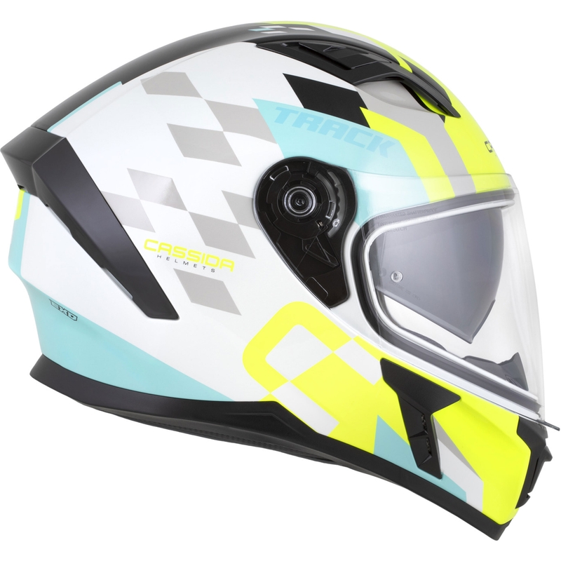 Casque moto intégral Cassida Orbit Track blanc-jaune fluo-turquoise-noir