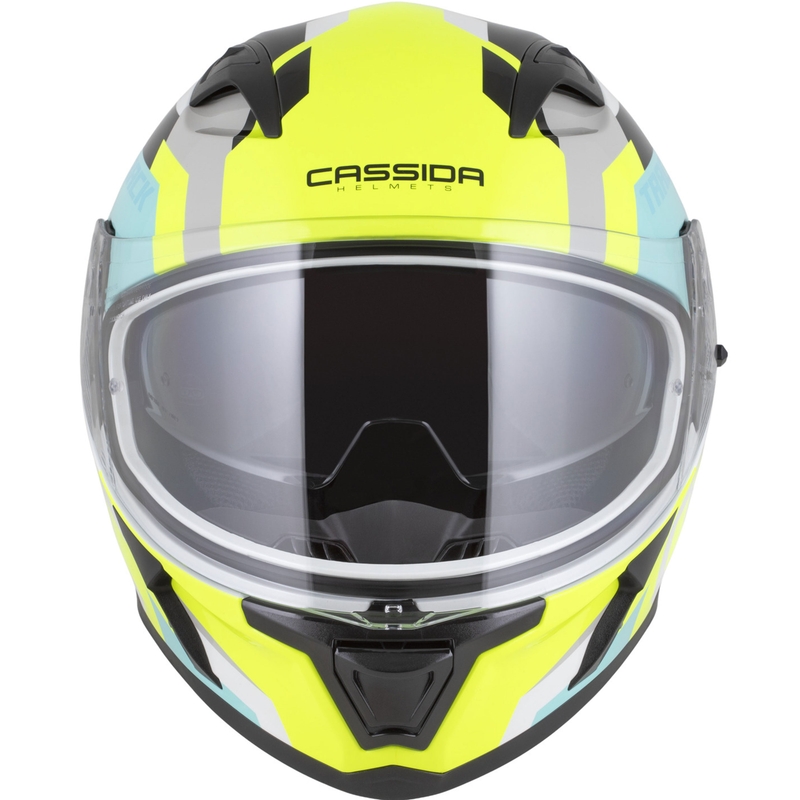 Casque moto intégral Cassida Orbit Track blanc-jaune fluo-turquoise-noir