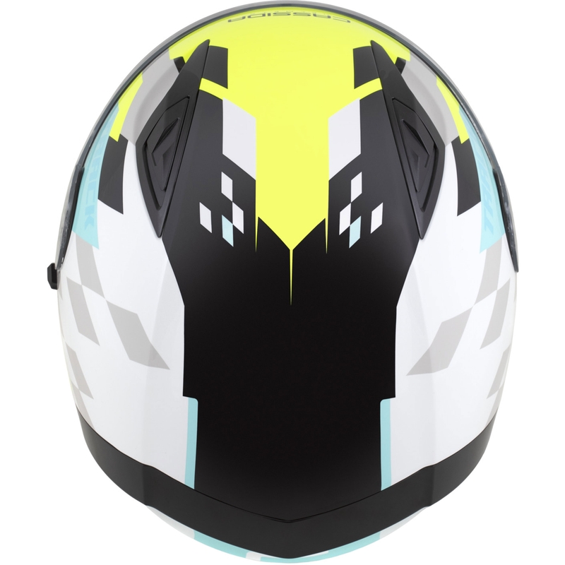 Casque moto intégral Cassida Orbit Track blanc-jaune fluo-turquoise-noir