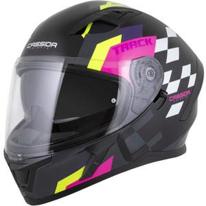 Casque moto intégral Cassida Orbit Track noir-rose-violet-jaune fluo-blanc