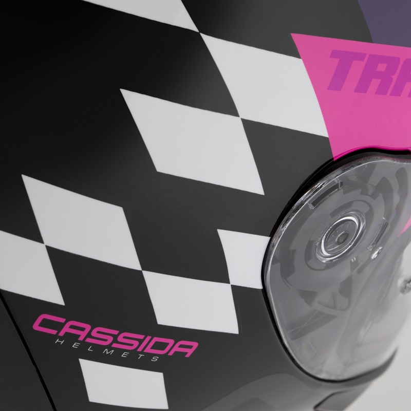 Casque moto intégral Cassida Orbit Track noir-rose-violet-jaune fluo-blanc